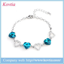 Hot venda sliver jóias amantes colchete coração link safira azul inlay pulseira de cristal para mulheres presente de aniversário